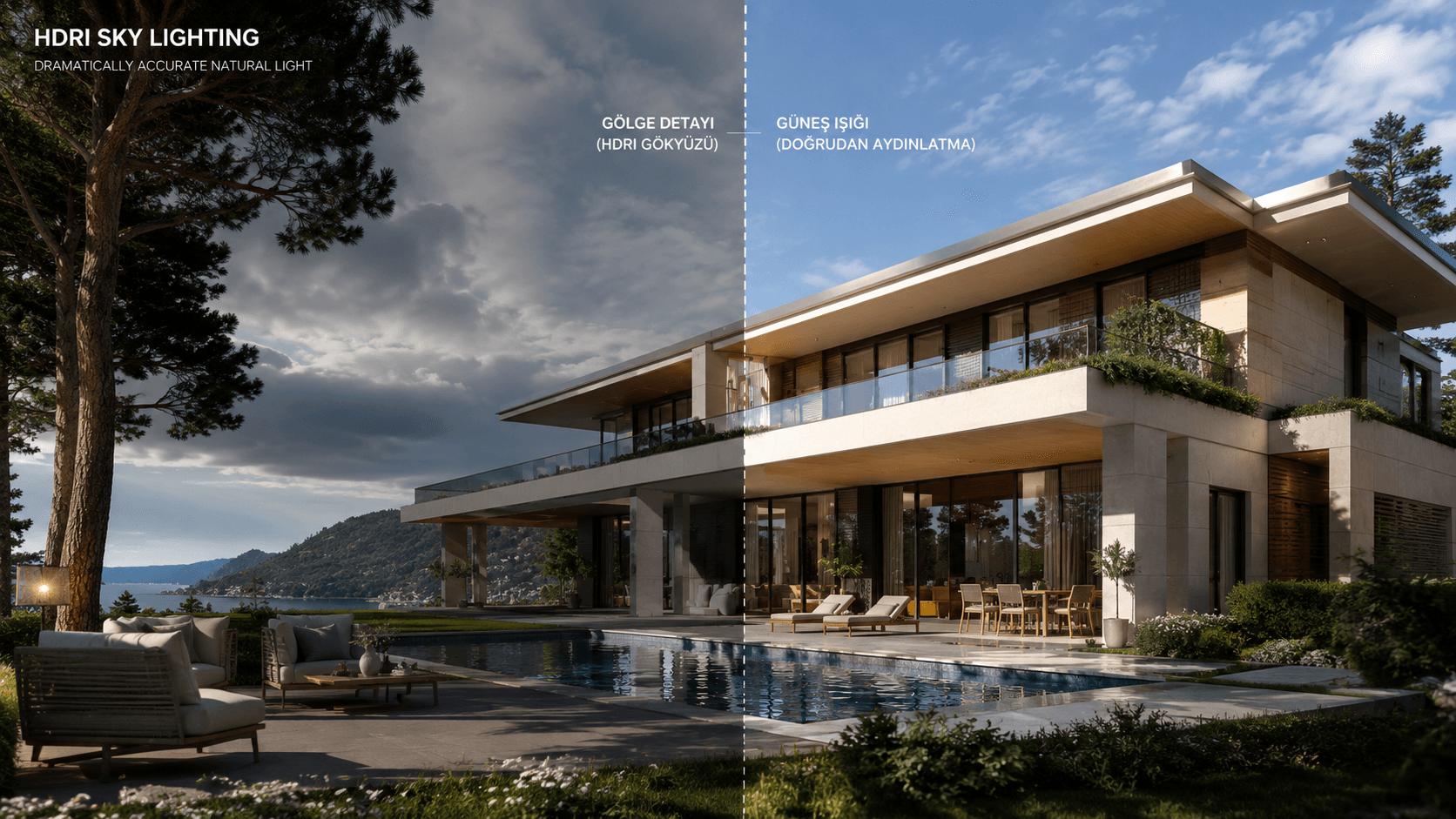 HDRI gökyüzü aydınlatması ile dış mekan mimari render