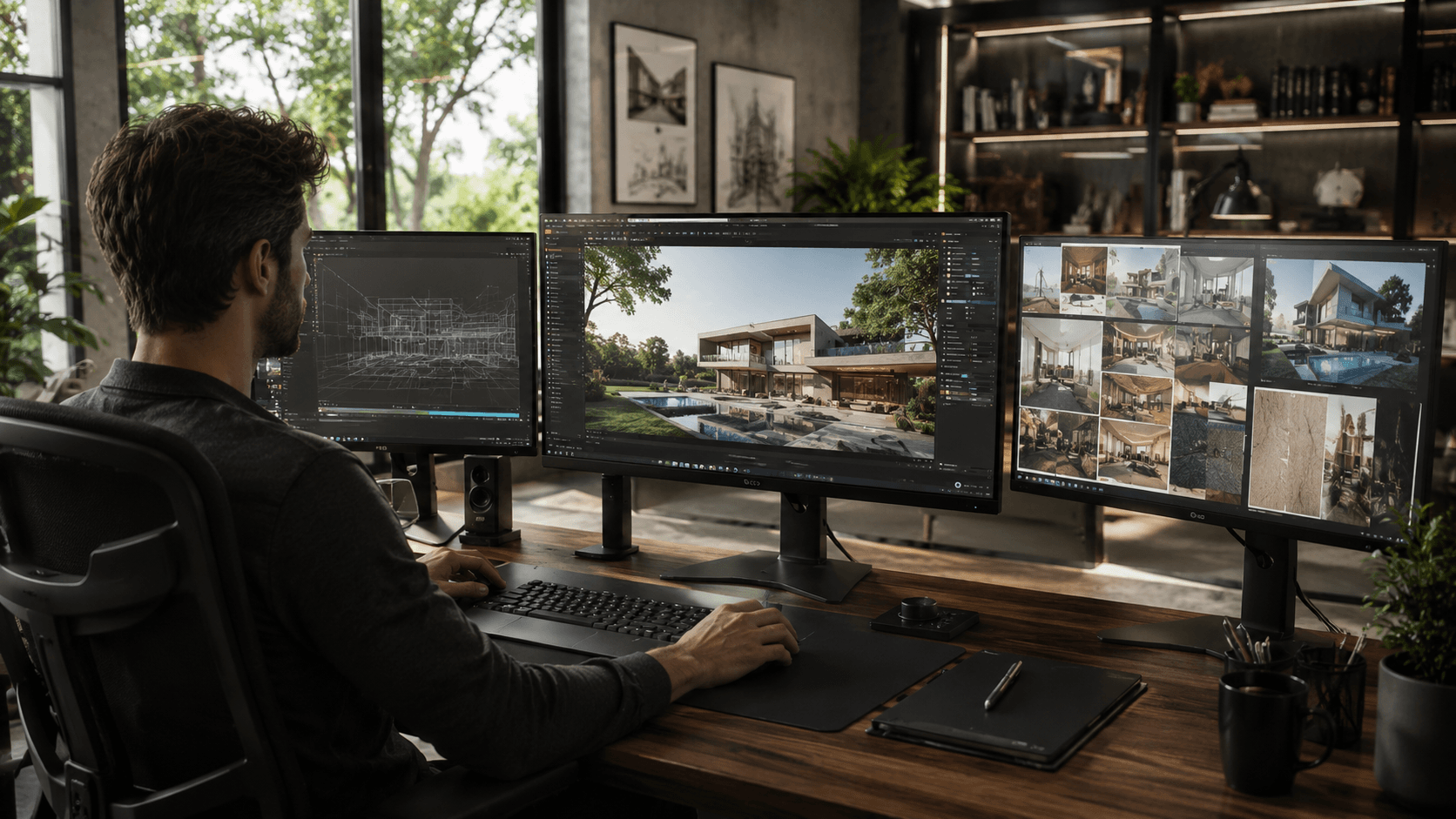 profesyonel render sanatçısı çalışma ortamı — çoklu monitör kurulumu