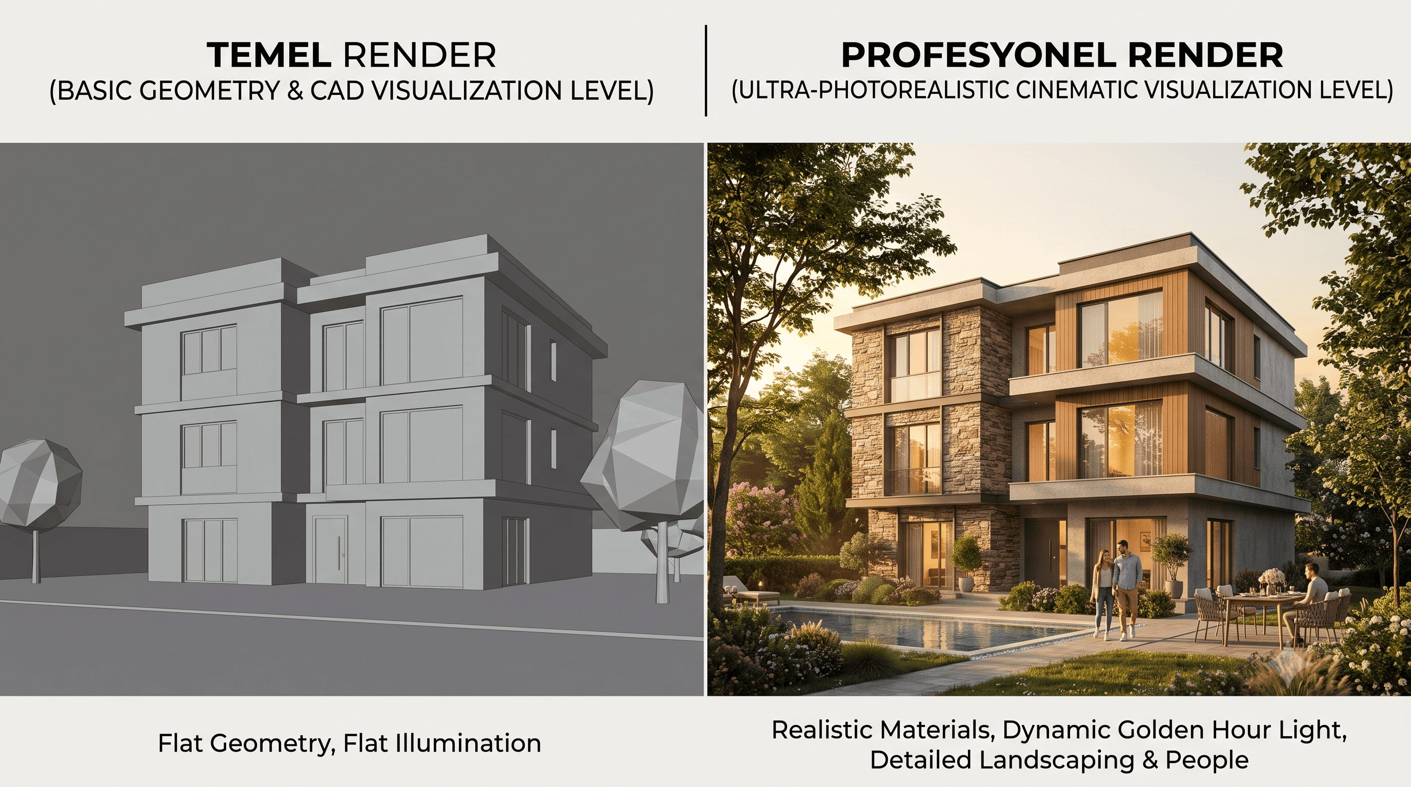 render kalite karşılaştırması — temel render vs profesyonel render