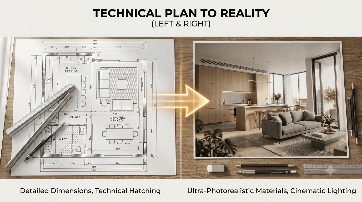 teknik mimari çizim ve fotogerçekçi render karşılaştırması