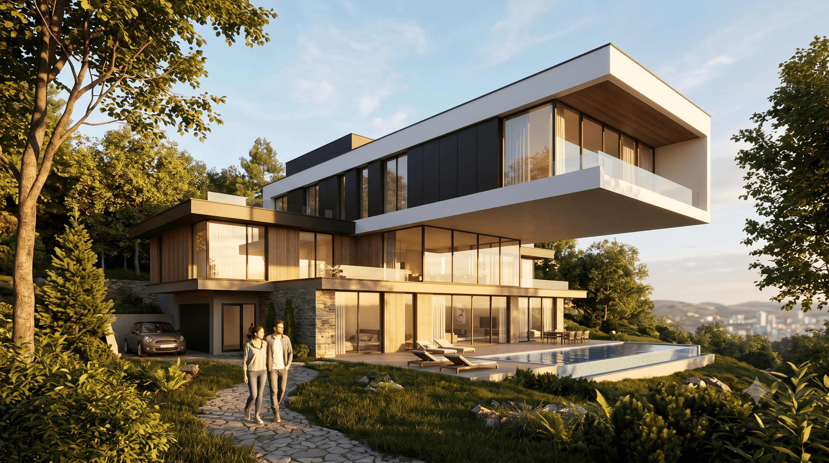 Twinmotion altın saat modern bina gerçek zamanlı render