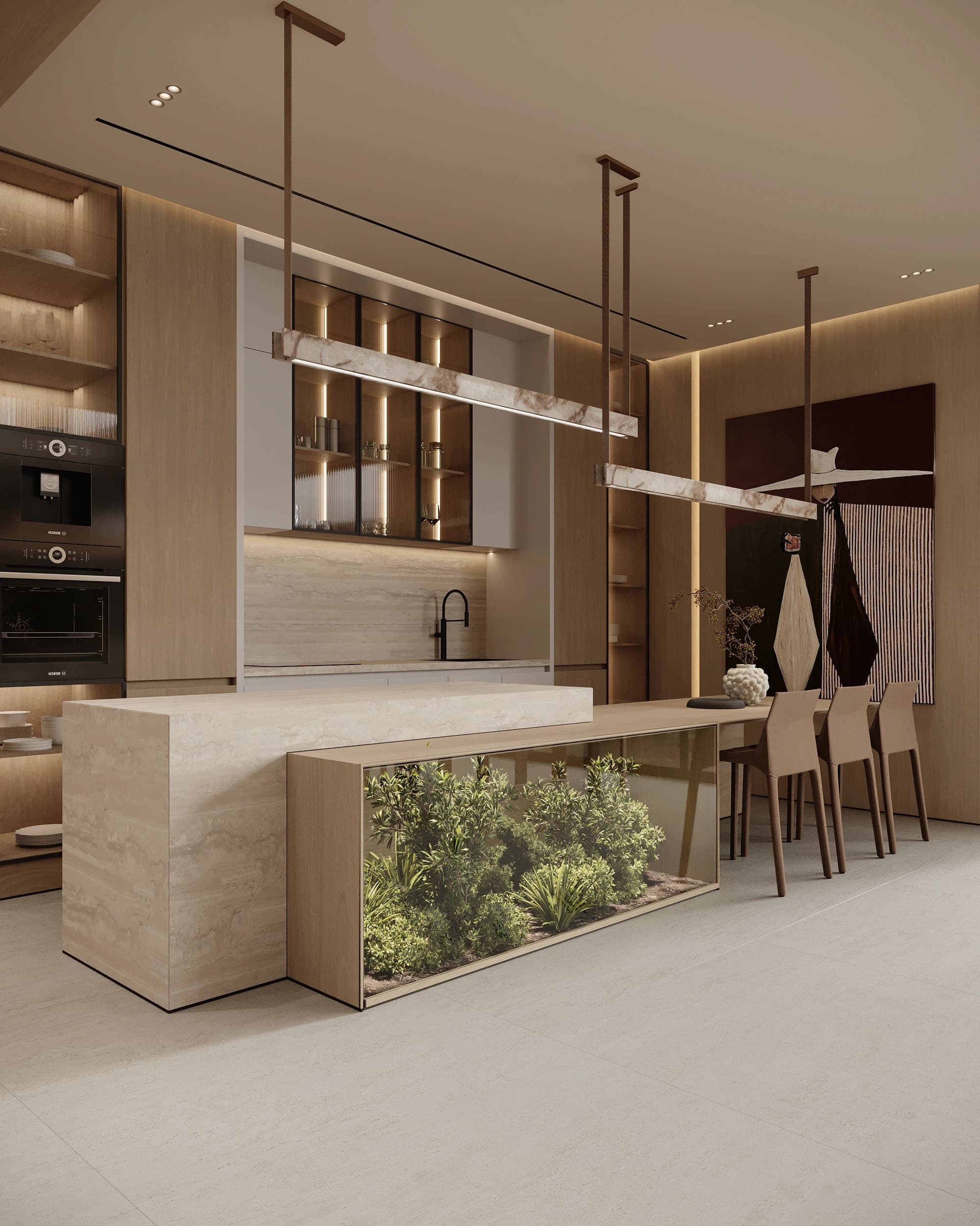 Modern mutfak iç mekan render örneği — tezgah ve dolap detayları