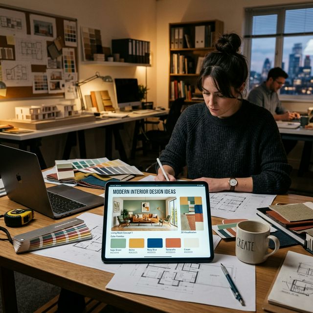 Bir iç mimarın tabletinde konsept panoları (moodboard) ve yapay zeka tasarımlarını incelediği ofis detayı