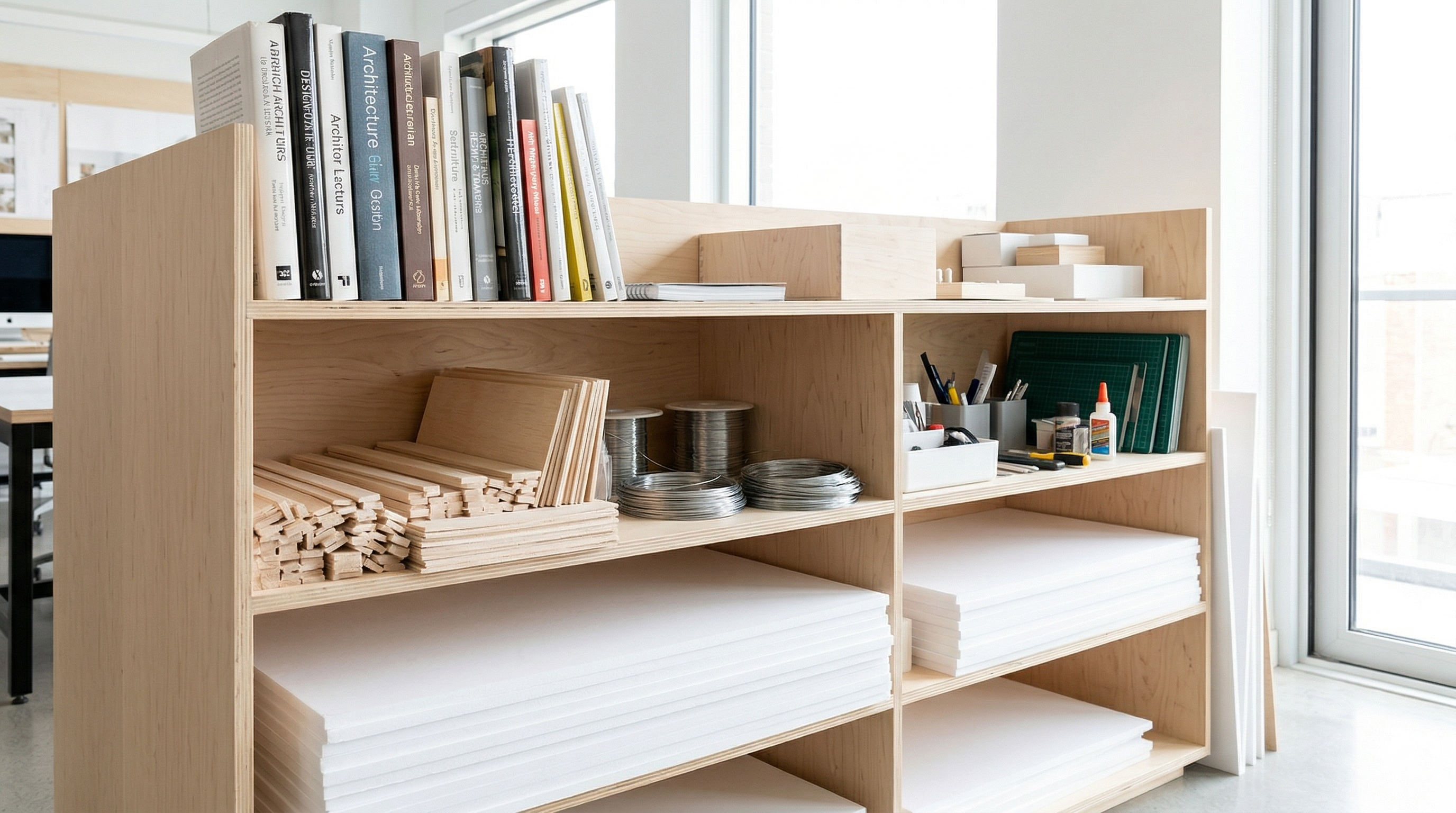 Maket malzemelerinin ve tasarım kitaplarının olduğu stüdyo rafı.