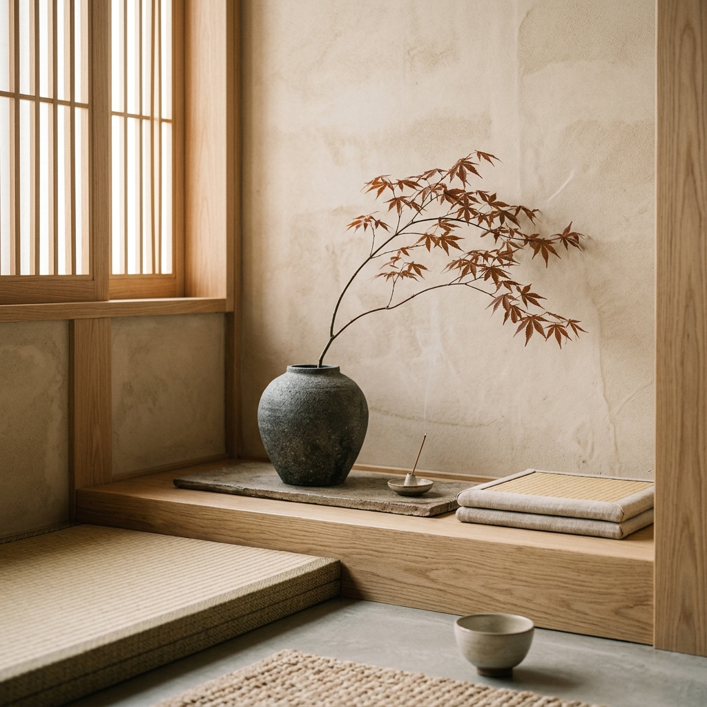 Japandi tarzında, sade bir vazoda tek bir dal ve doğal dokuların hakim olduğu bir dekorasyon köşesi