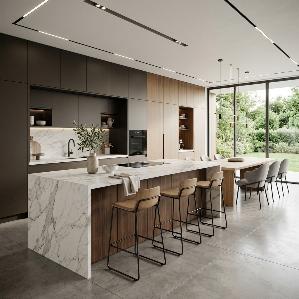 Modern ve minimalist bir mutfak adasında mermer ve metalin şık birlikteliği